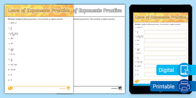 Sixth Grade Laws of Exponents Practice Math Worksheet