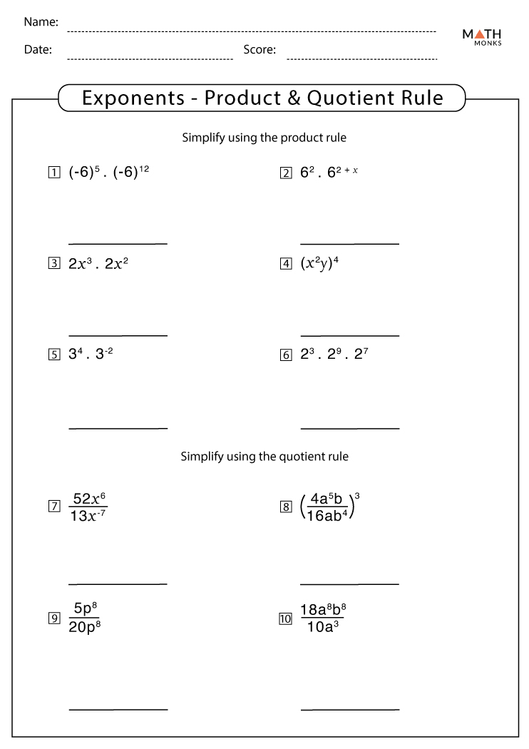 exponents product rule worksheet