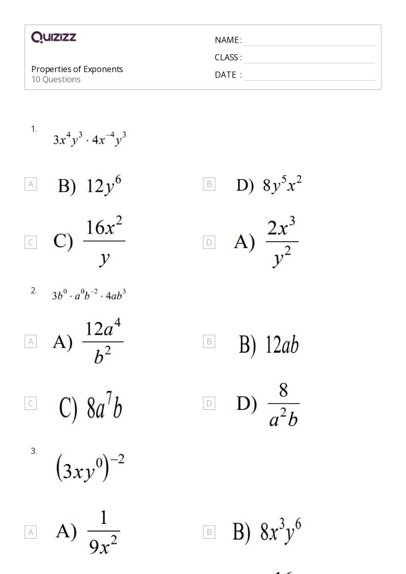50+ Properties of Exponents worksheets for 8th Grade on Quizizz ...