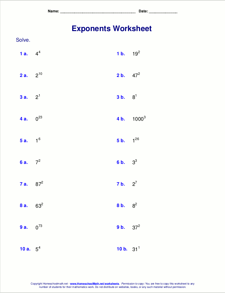 Free exponents worksheets