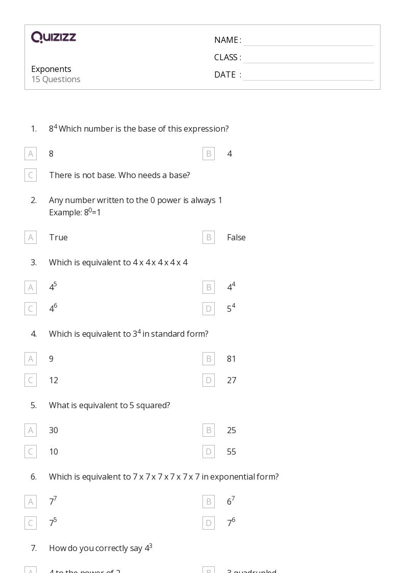 50+ Exponents worksheets for 5th Grade on Quizizz | Free &  Printable