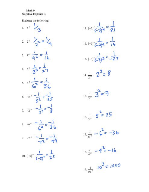 exponents worksheet with answer key