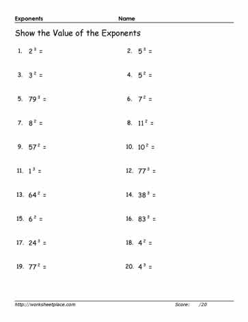 Exponents, show the value of the exponents Worksheets