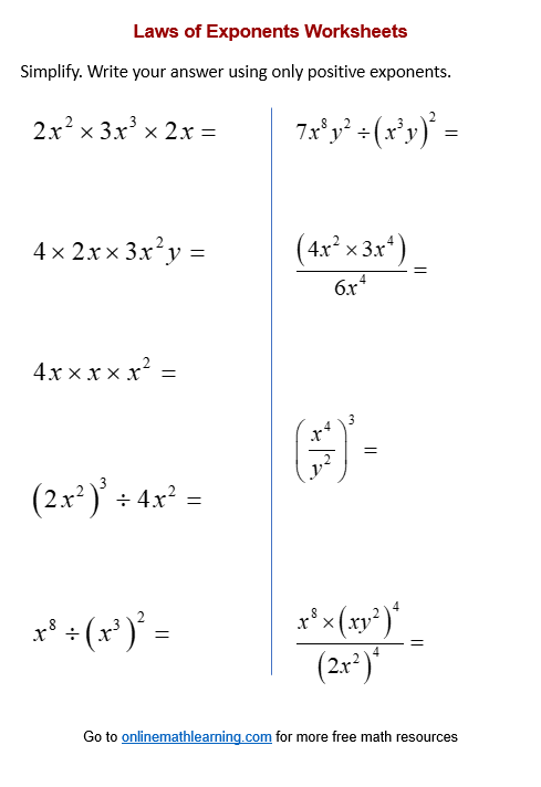 Law of Exponents Worksheets (printable, online, answers, examples)