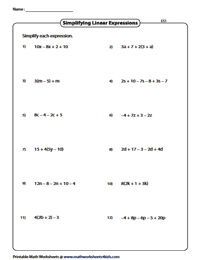 Simplifying Algebraic Expression Worksheets