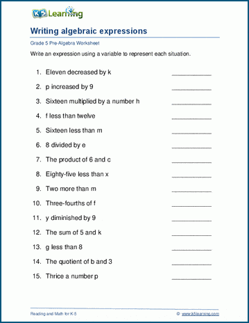 Writing algebraic expressions worksheets | Worsheets library