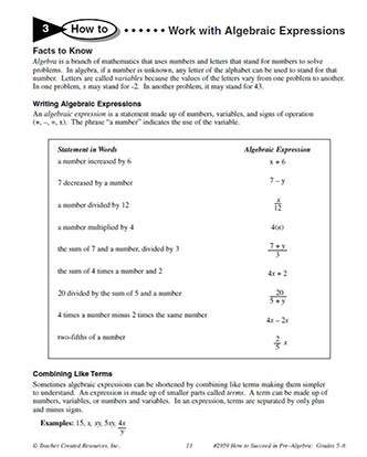 Pre-Algebra Algebraic Expressions Worksheet Grade 5-8 Math ...