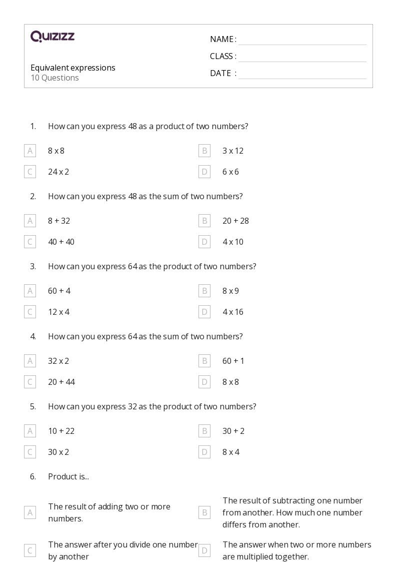 50+ Equivalent Expressions worksheets for 1st Class on Quizizz ...