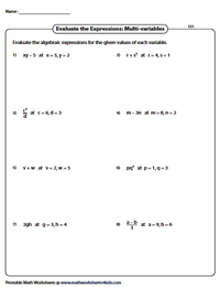 Evaluating Algebraic Expression Worksheets