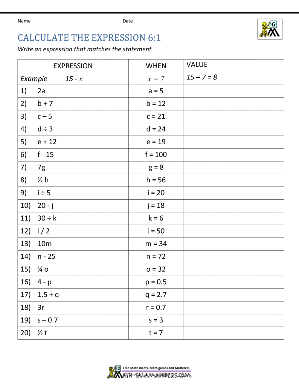 expressions and equations 6th grade worksheet