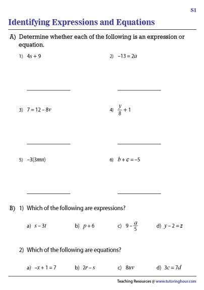 Identifying Expressions and Equations Worksheets