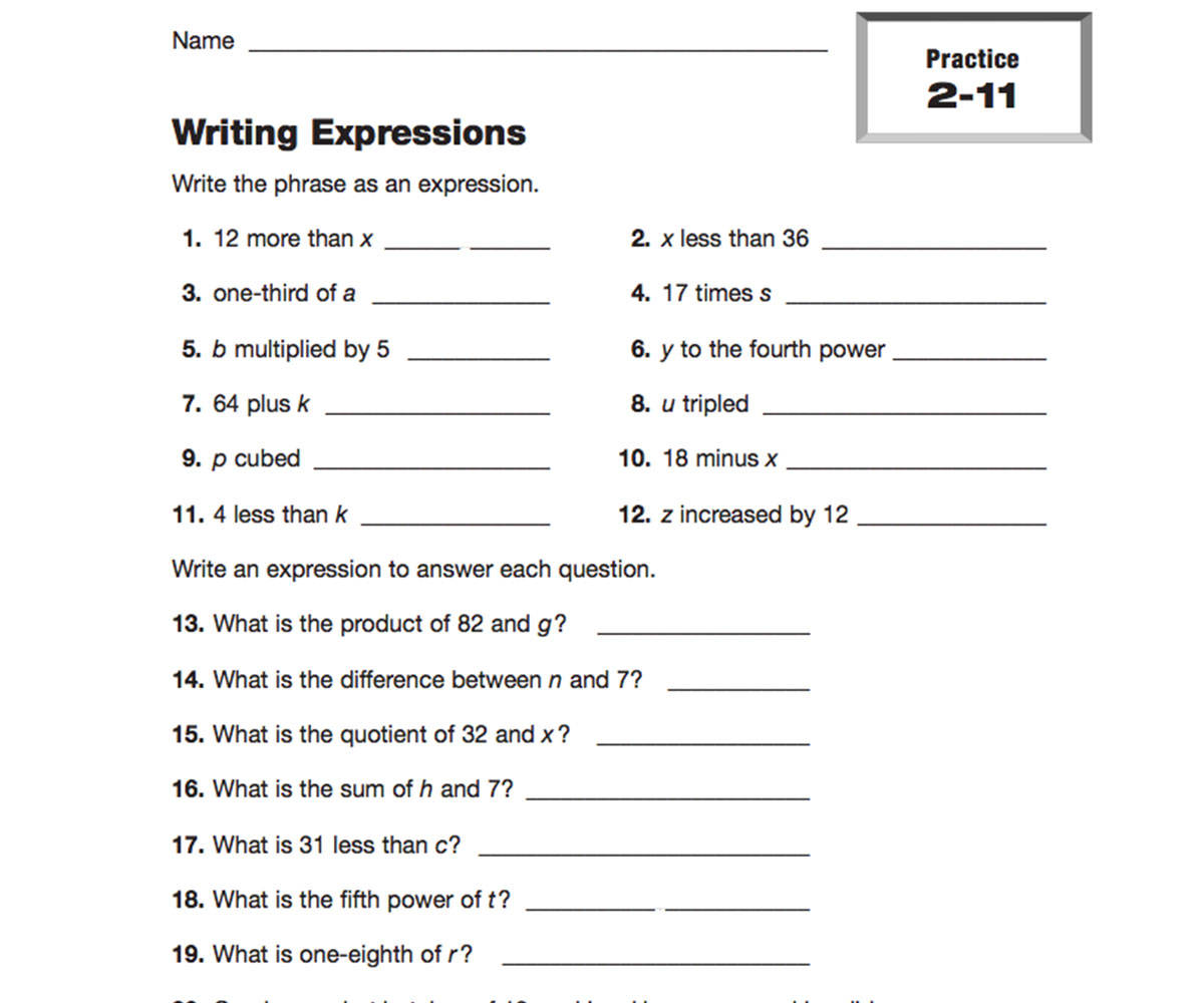 Expressions and Exponents Worksheets