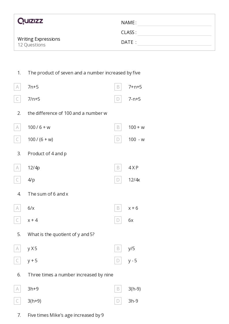 50+ Writing Expressions worksheets for 8th Year on Quizizz | Free ...