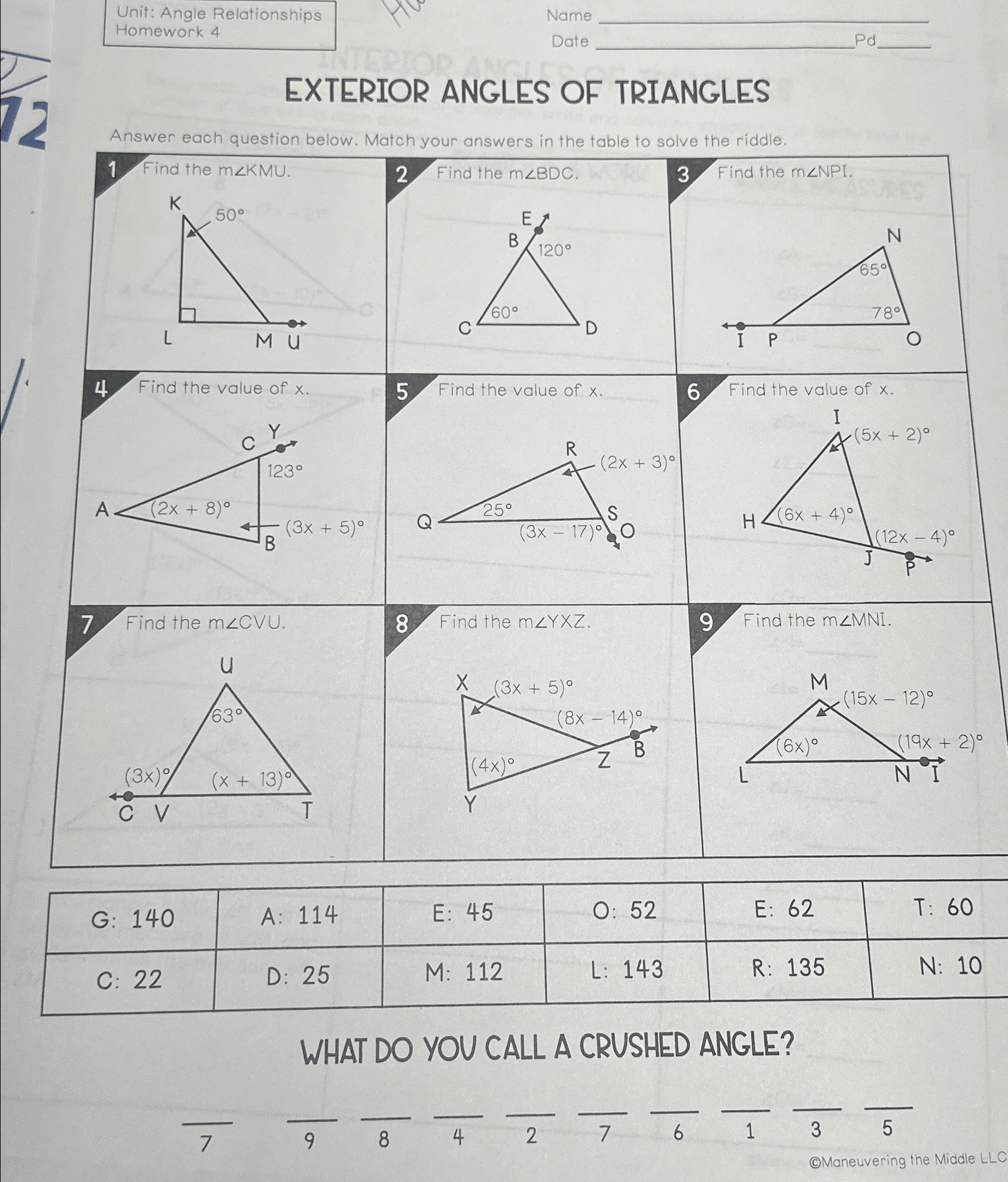Solved Unit: Angle RelationshipsHomework 4NameDate -EXTERIOR ...