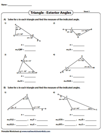 Angle Sum Property and Exterior Angle Theorem | Triangle Worksheets