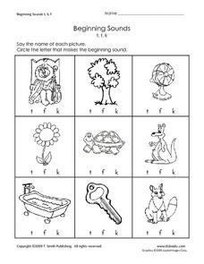 Beginning Sounds: T, F, K Worksheet for Kindergarten - 1st Grade ...