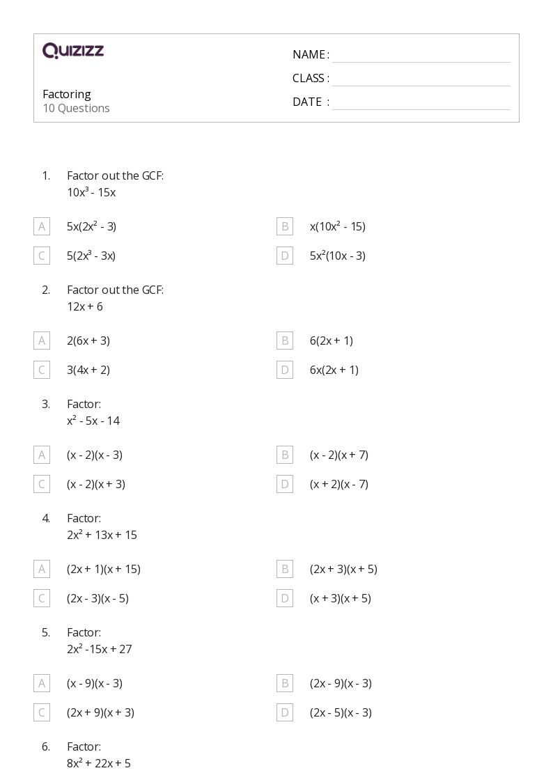 50+ factoring worksheets for 12th Year on Quizizz | Free &  Printable