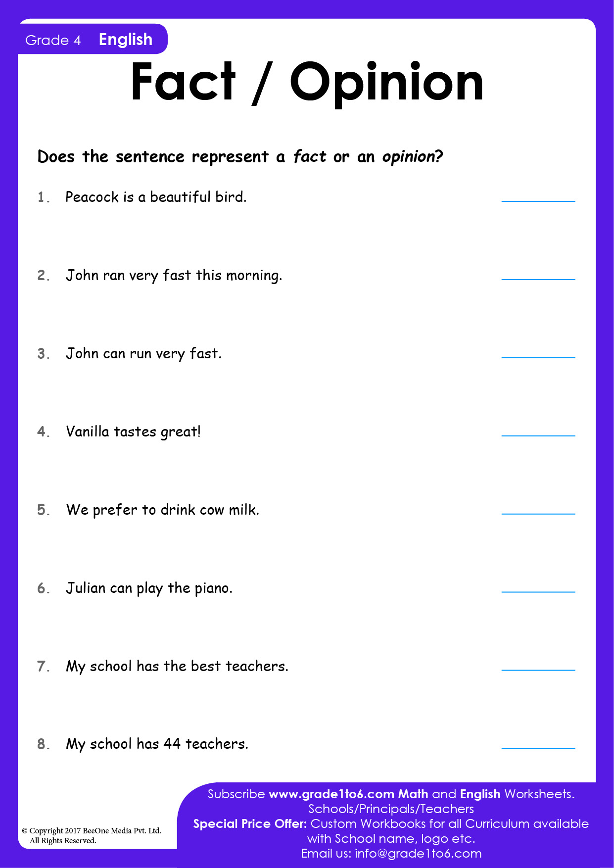Fact and Opinion worksheet | Grade1to6.com