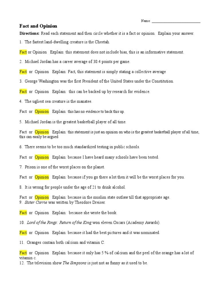 fact and opinion worksheet college