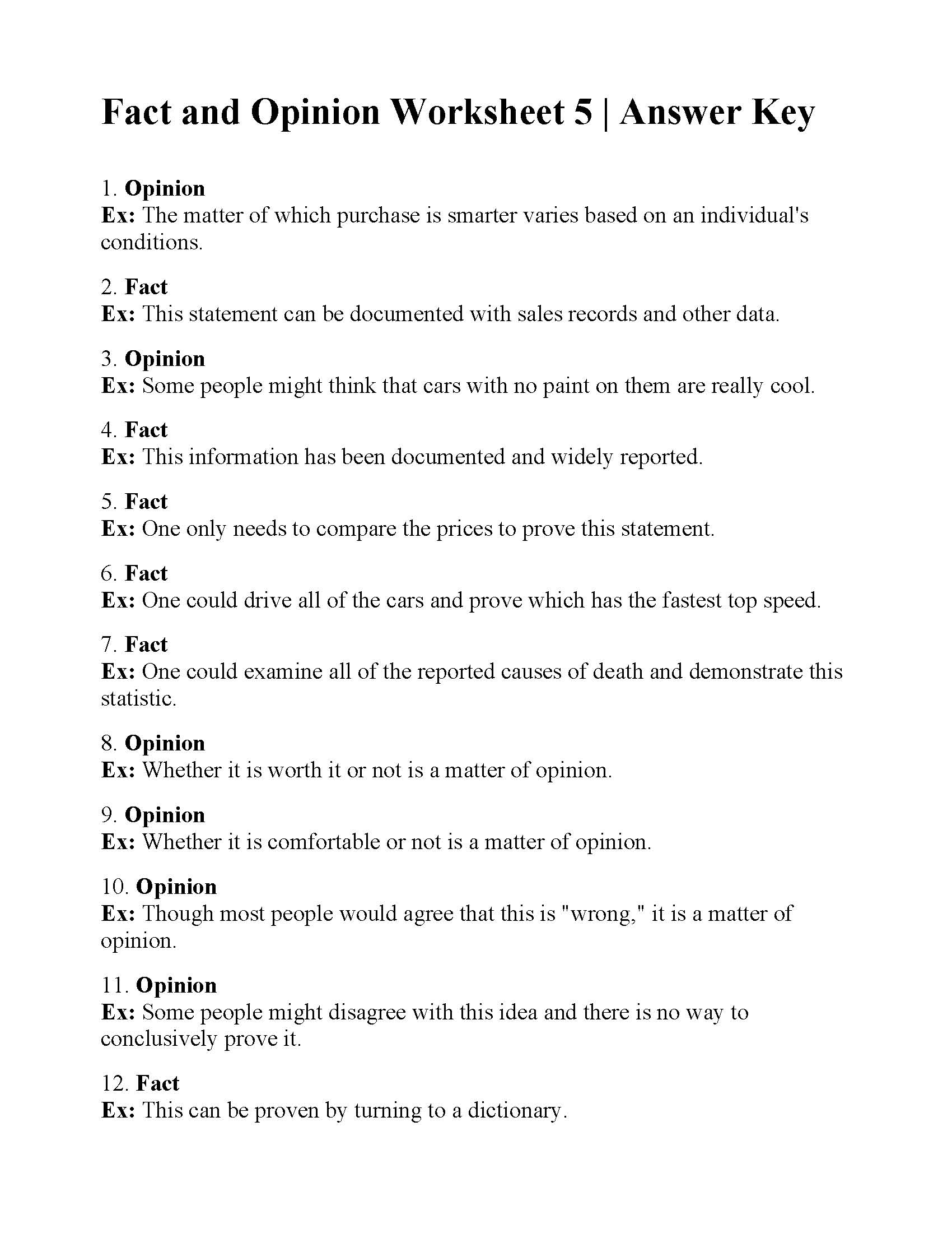 fact and opinion worksheet for 5th grade