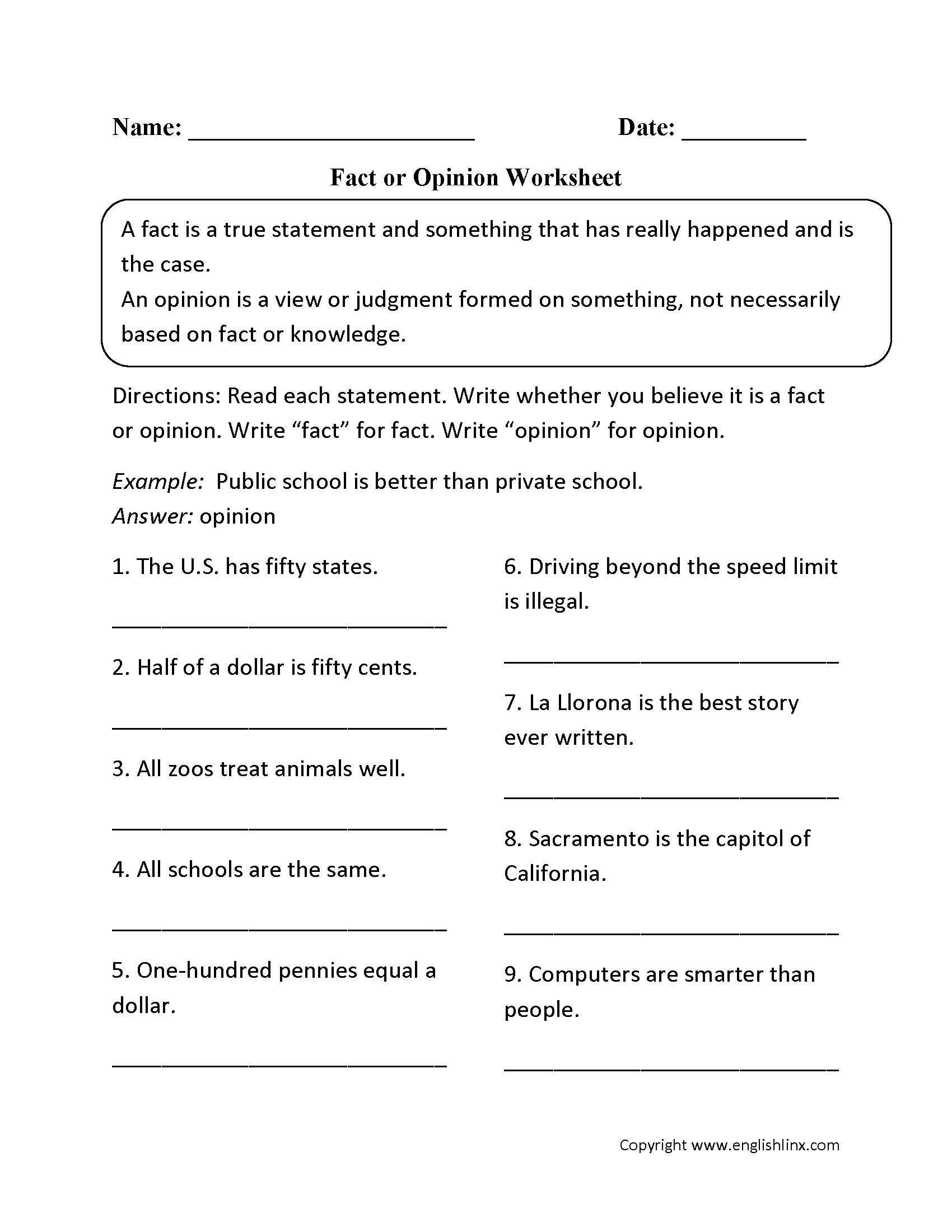 fact and opinion worksheet for gr 1