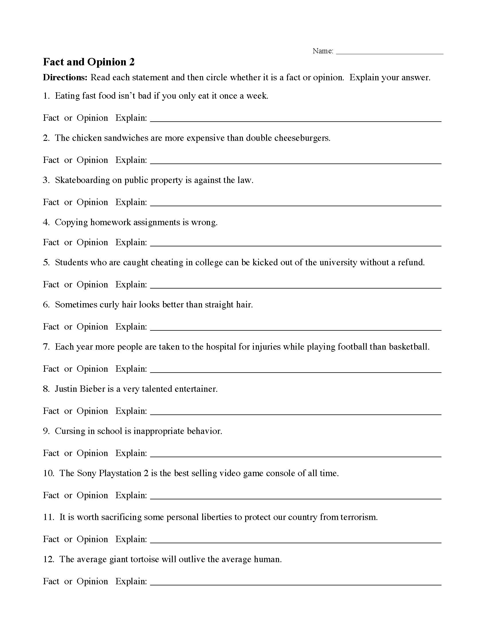 fact and opinion worksheet for second grade