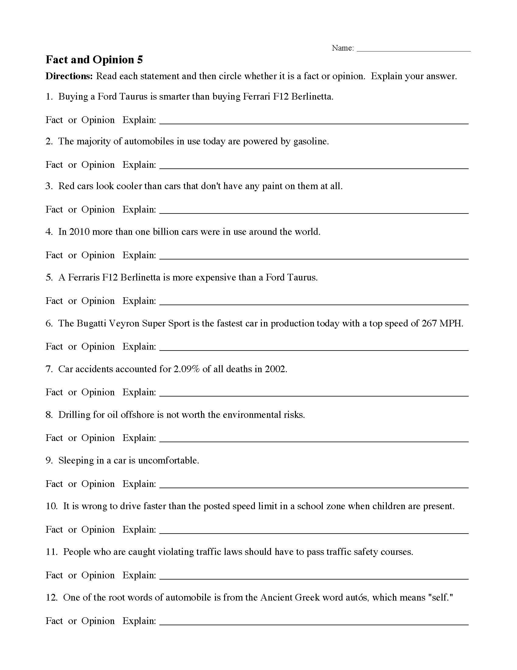 fact and opinion worksheet middle school