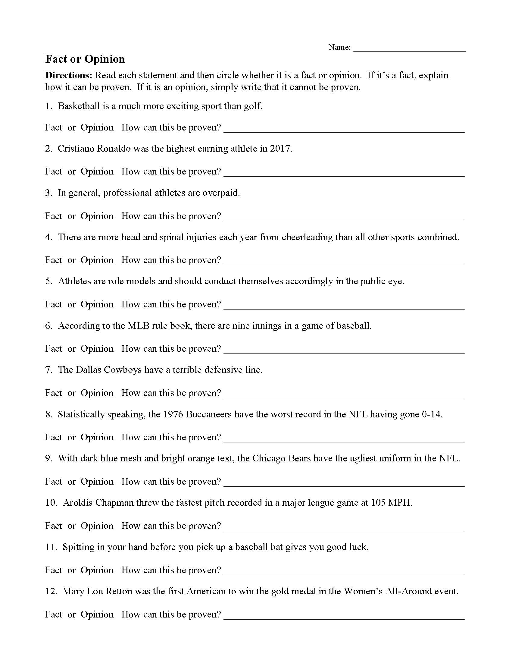 fact and opinion worksheet middle school
