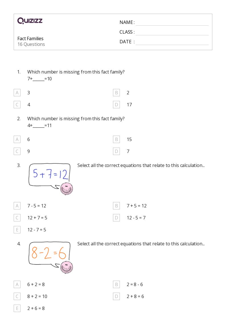 fact families worksheet 2nd grade