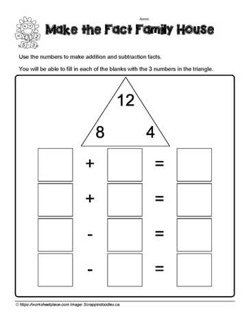 Fact Family House for 12 Worksheets