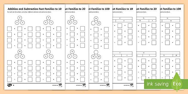 Addition and Subtraction Fact Family Part Whole Model Worksheet