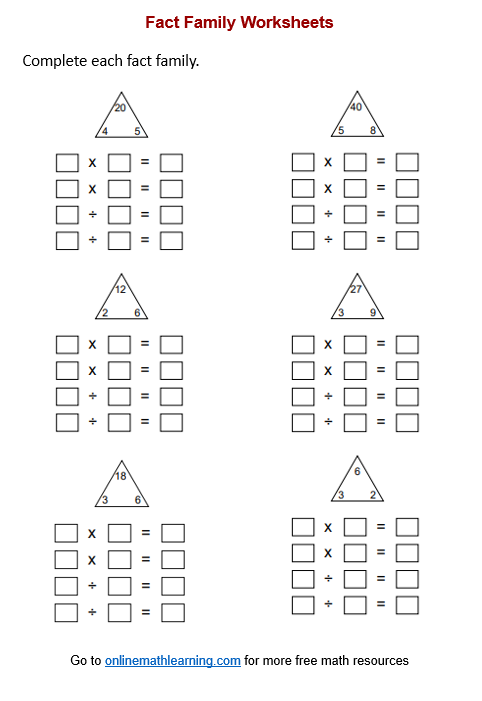 fact family triangles worksheet printable