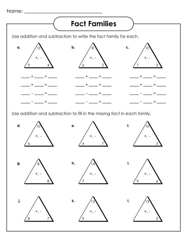 fact family triangles worksheet printable