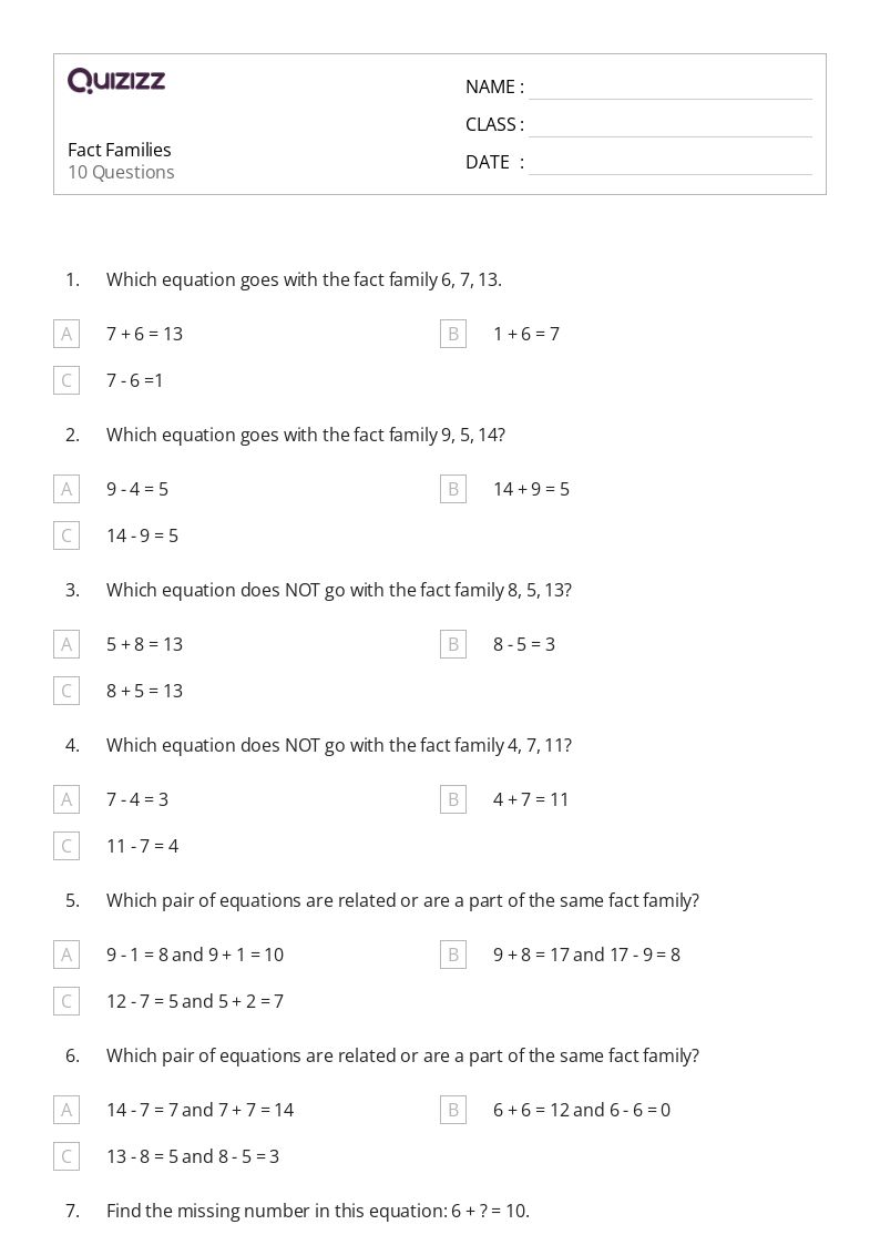 fact family worksheet grade 1