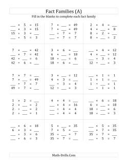 fact family worksheet multiplication