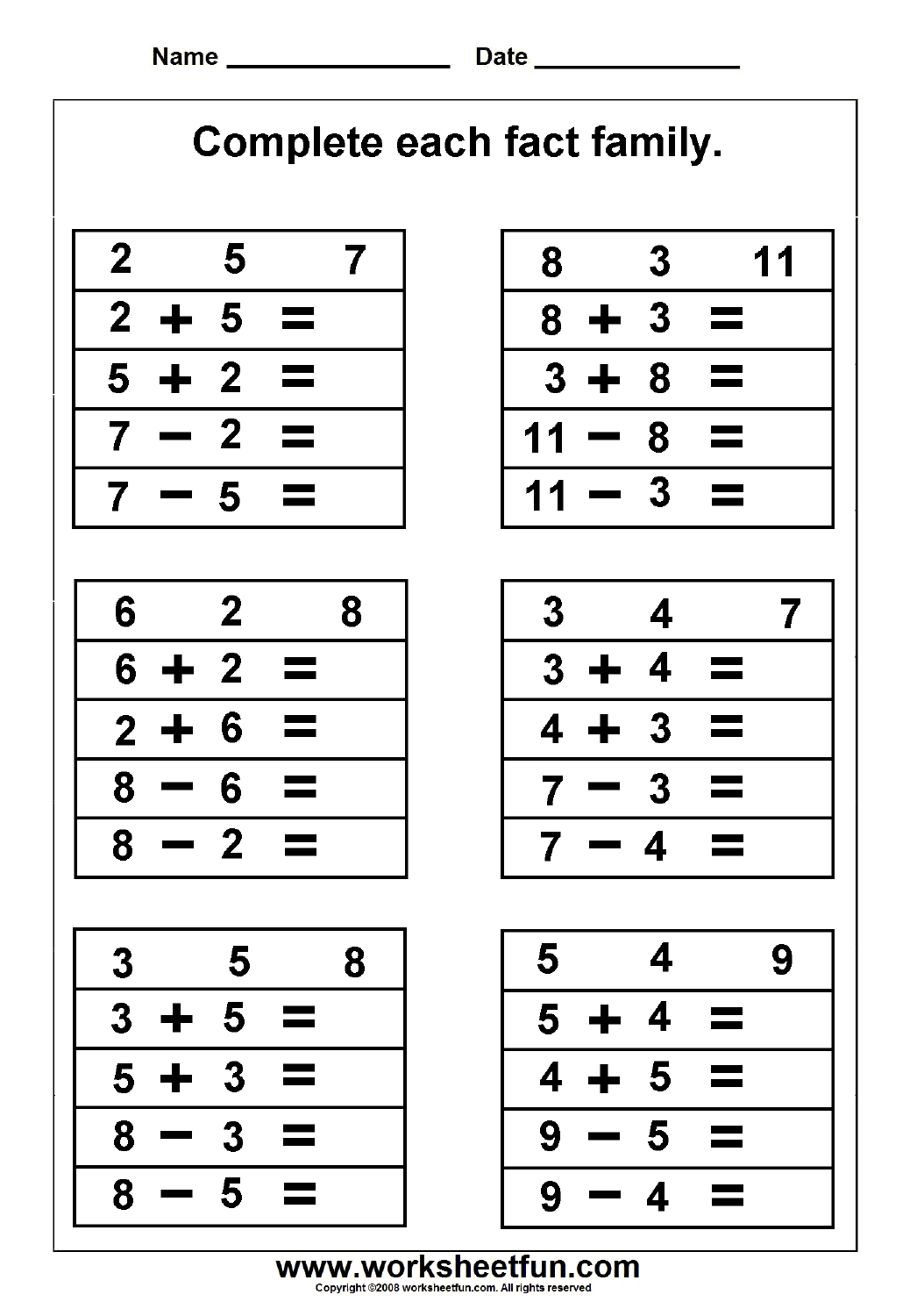 fact family worksheet printable