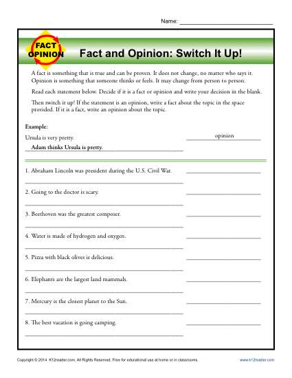 fact or opinion workshees
