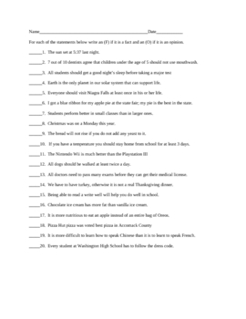 fact or opinion worksheet answers