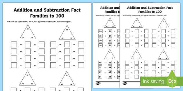 Fact Families Addition and Subtraction to 100 Worksheet
