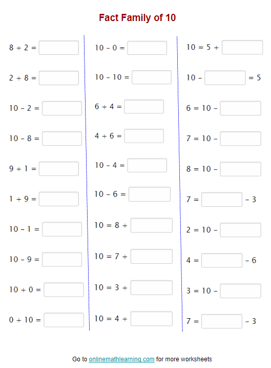 Fact Family of 10 Add Subtract Worksheets (First Grade, printable)
