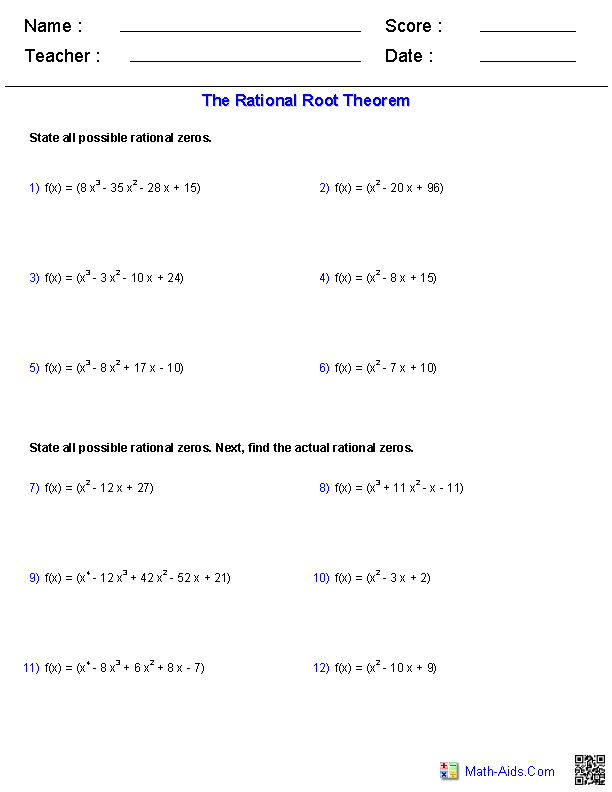 Algebra 2 Worksheets | Polynomial Functions Worksheets