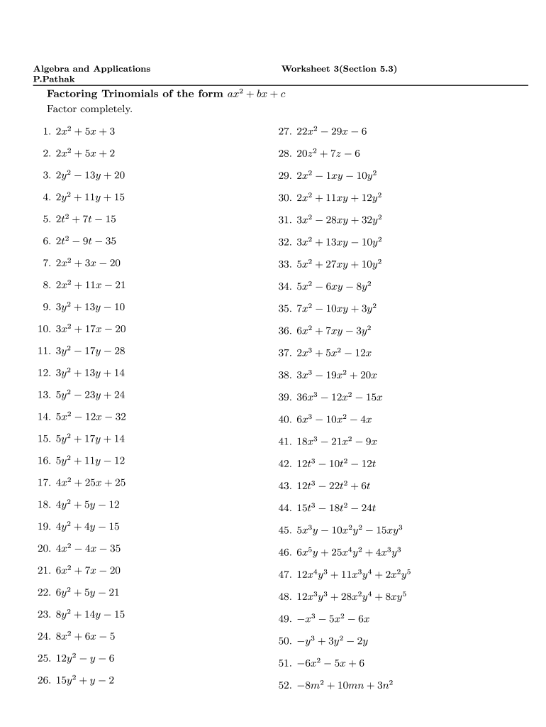 Factoring Ax2 Bx C Worksheet Answer Key - Fill Online, Printable ...