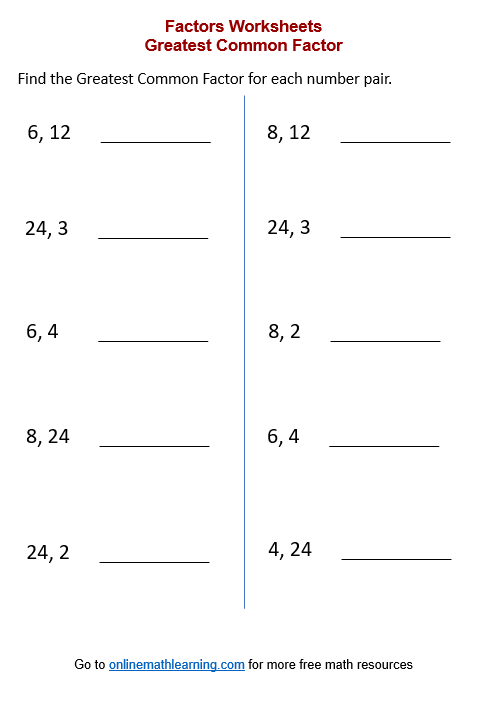 Greatest Common Factor Worksheets (printable, online, answers ...