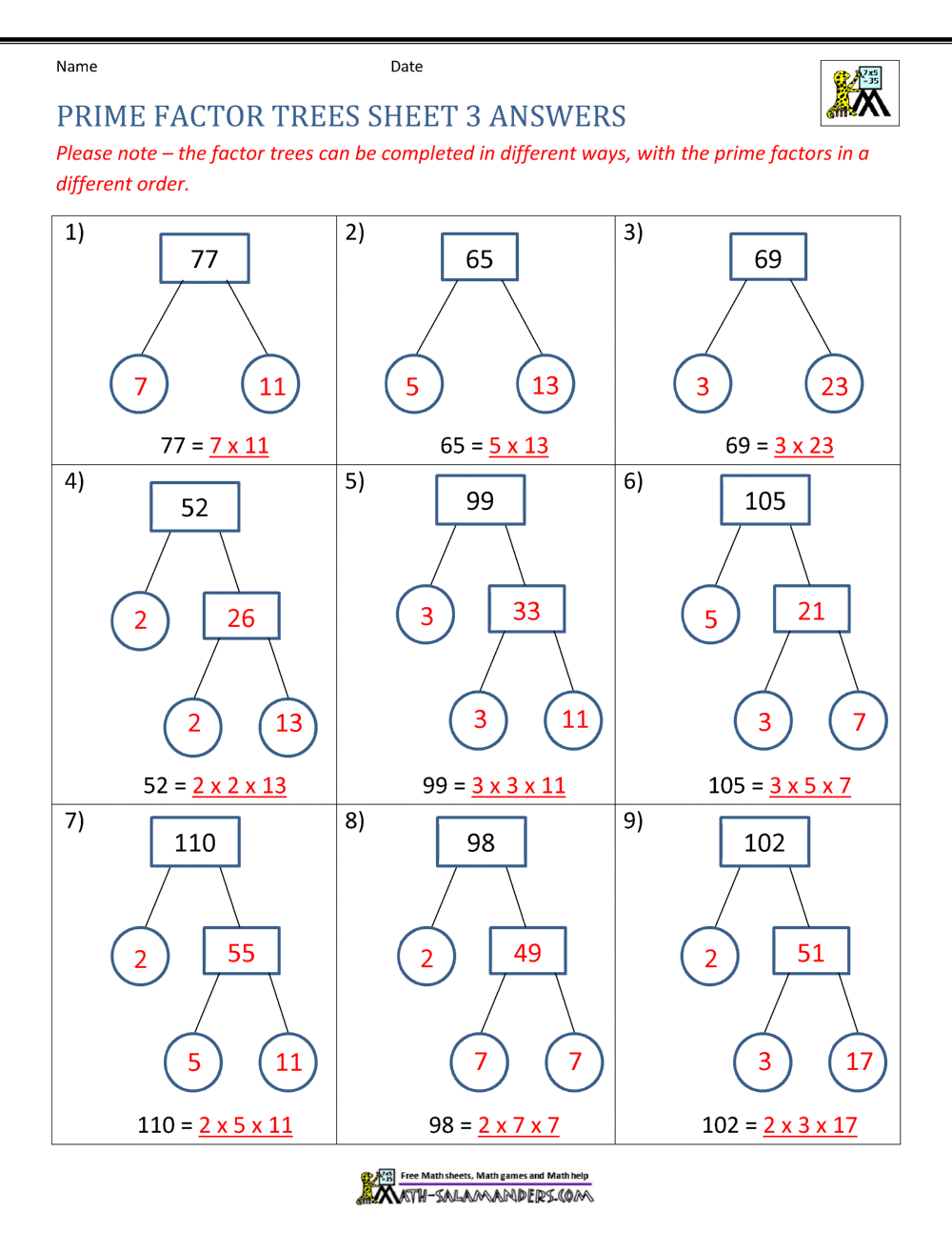 Factor Tree Worksheets page