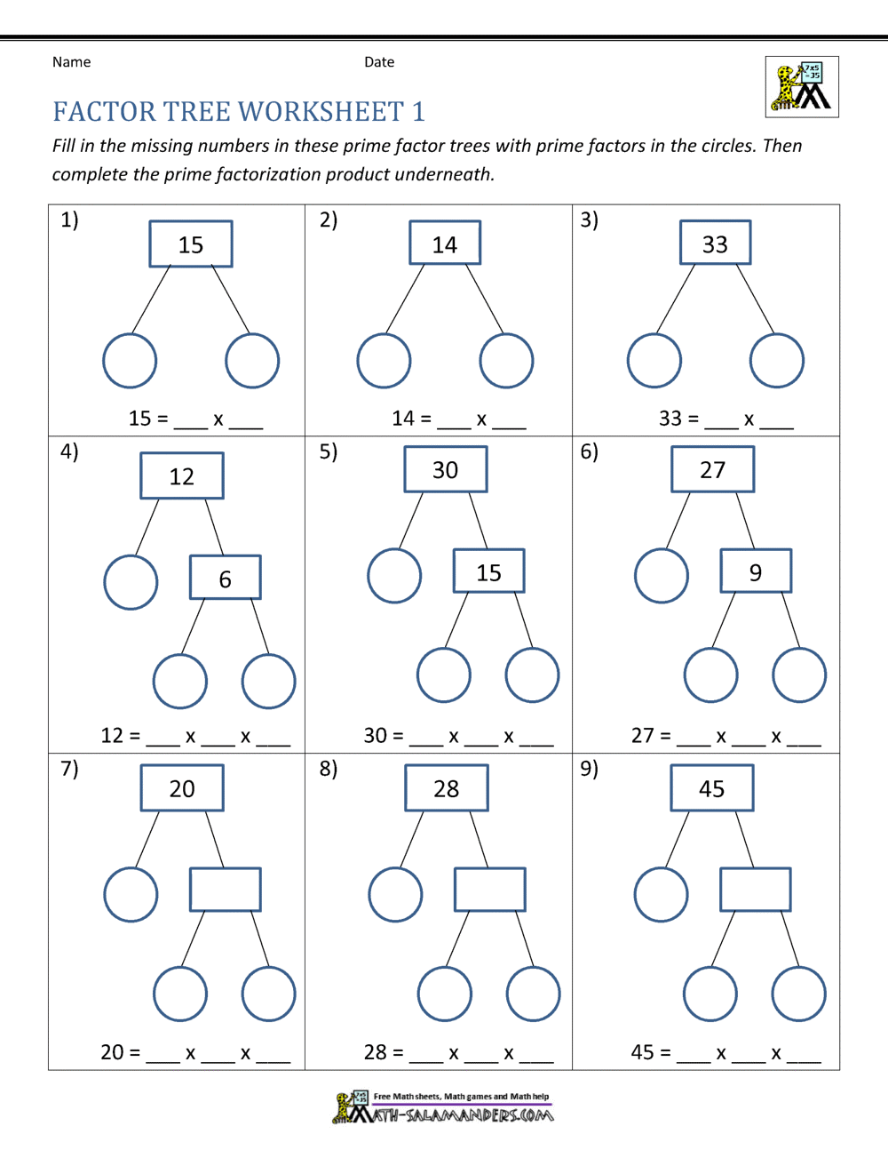 Factor Tree Worksheets page