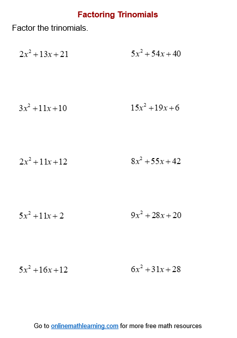 Factor Trinomials Worksheets (printable, online, answers, examples)
