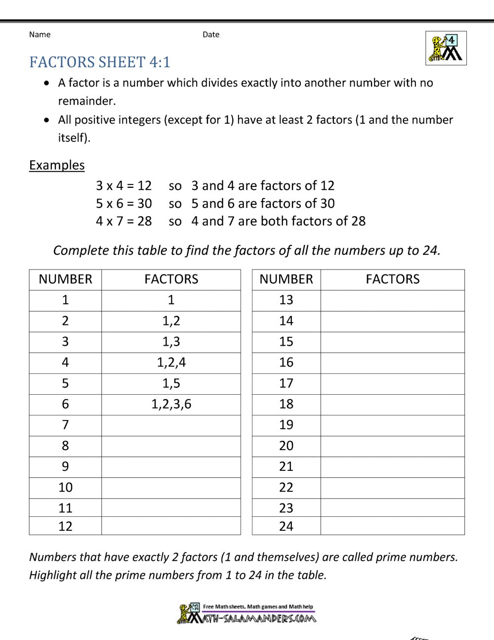Factors and Multiples Worksheet