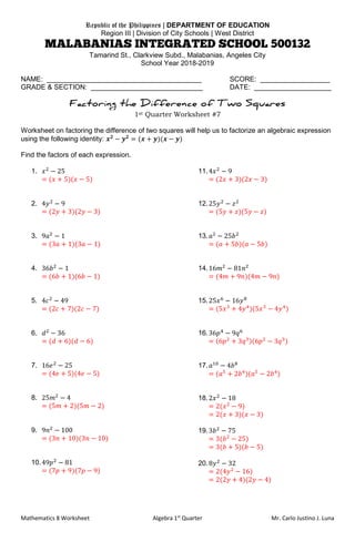 factoring algebra 2 worksheet