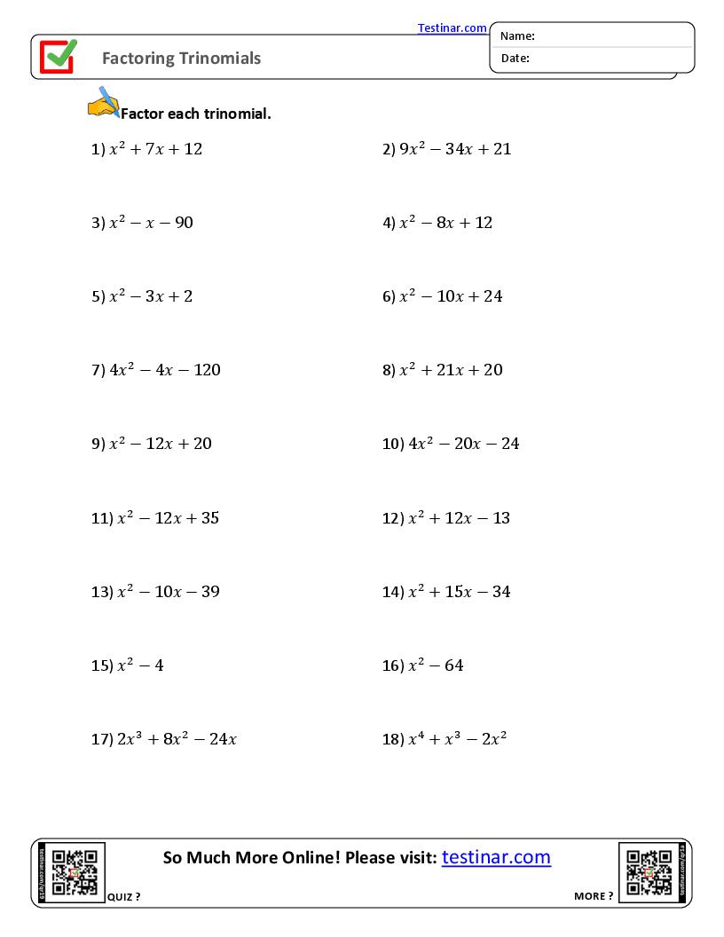 Factoring Trinomials worksheets
