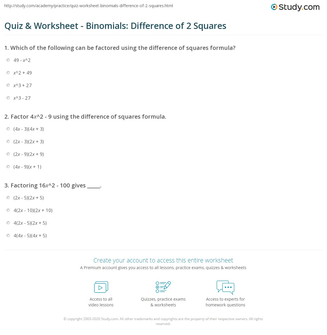 Quiz & Worksheet - Binomials: Difference of 2 Squares | Study.com